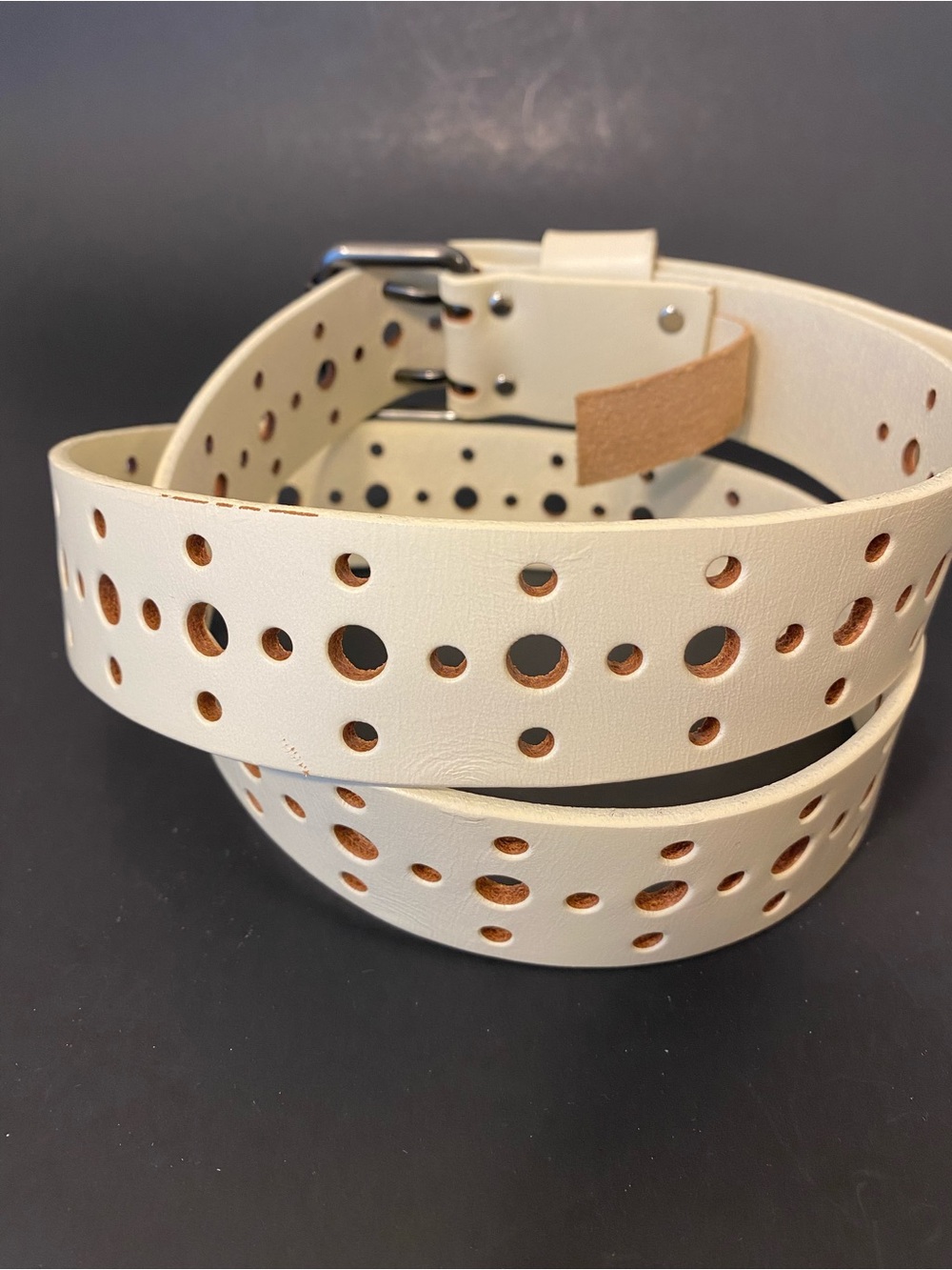 CAbi Cream Leather Perforated Belt Gunmetal Two-Prong Buckle - Picture 2 of 9